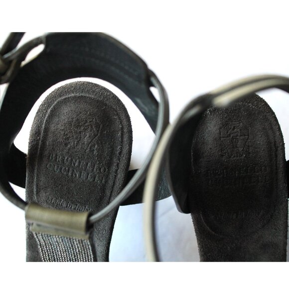 Brunello Cucinelli Monili T-Strap Leather Sandal Block Heel / Size 37 / Grey - Picture 8 of 11